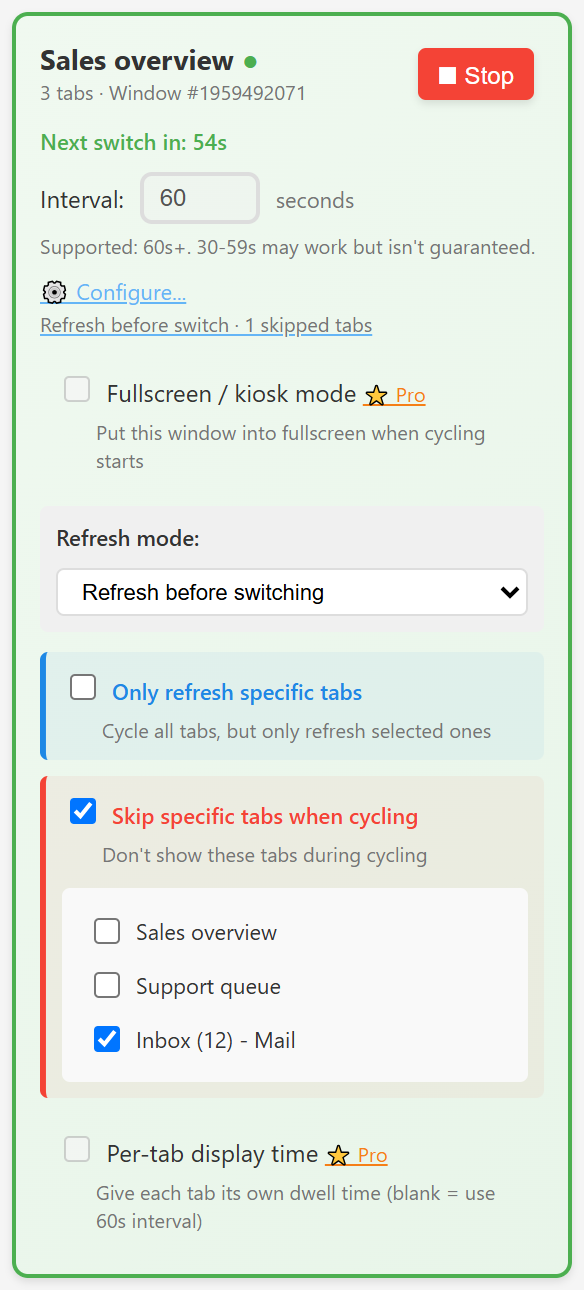 A window's Configure panel in Free Tab Switcher, with Skip specific tabs when cycling ticked and the mail tab skipped
