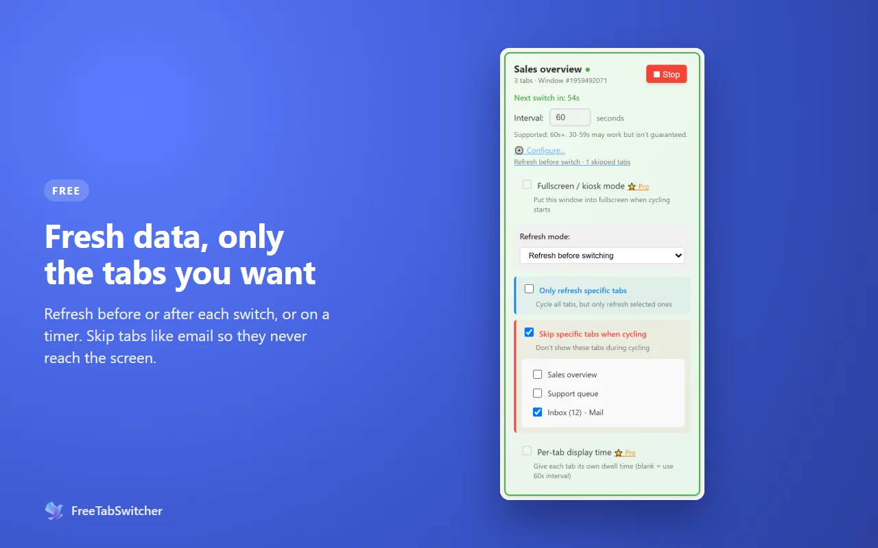 FreeTabSwitcher refresh options: refresh before switching and skip tabs